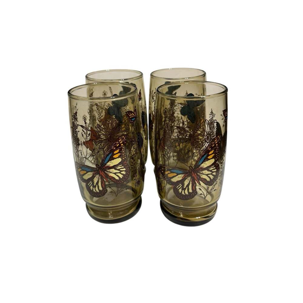 Vtg Libbey Smokey Butterfly Meadow Garden Tumbler Drinking Glasses 70s Set of 4